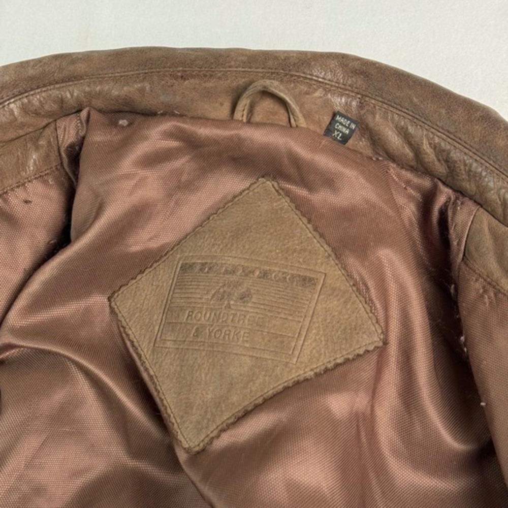 Roundtree & Yorke Mens XL Brown Leather Bomber Jacket Full Zip Aviator Coat - Picture 3 of 6